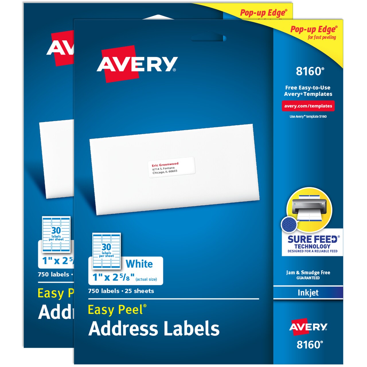 Avery Easy Peel Printable Address Labels with Sure Feed, 1" x 2-5/8" Customizable Stickers, White, 1,500 Blank Mailing Labels, Great for Mailing, Shipping, and More (2-Pack of 8160)